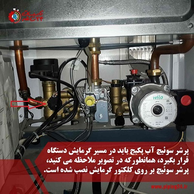 تصویر محل نصب پرشر سوئیچ آب پکیج ایران رادیاتور